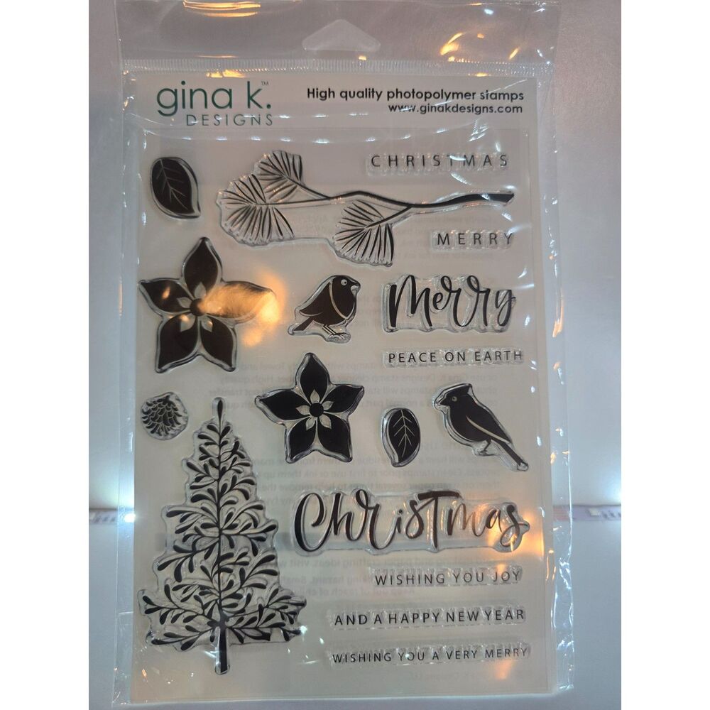 Gina K Designs Christmas Silhouettes Clear Stamp Set Birds Tree Poinsettia Merry